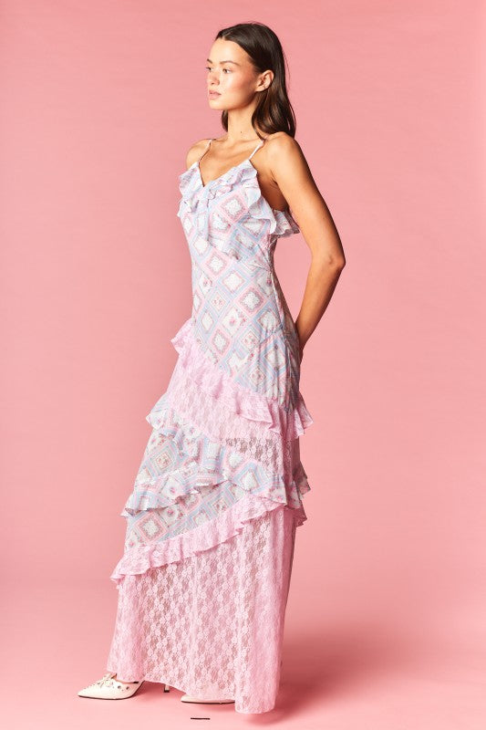 Celestine Patchwork Ruffle Lace Maxi Dress