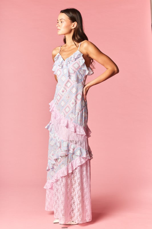 Celestine Patchwork Ruffle Lace Maxi Dress