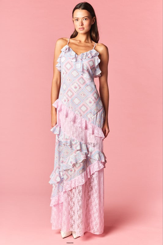 Celestine Patchwork Ruffle Lace Maxi Dress