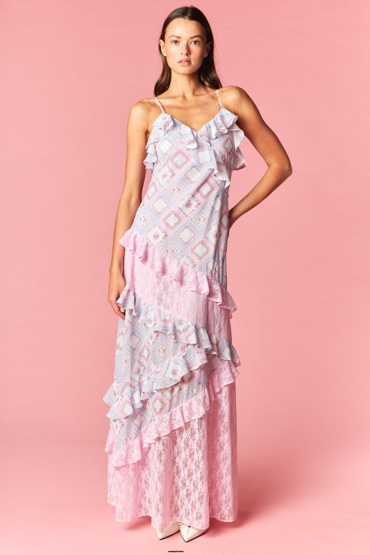 Celestine Patchwork Ruffle Lace Maxi Dress