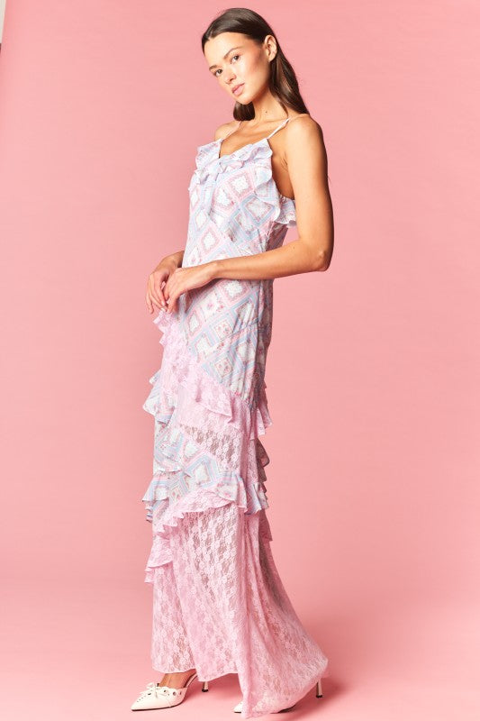 Celestine Patchwork Ruffle Lace Maxi Dress