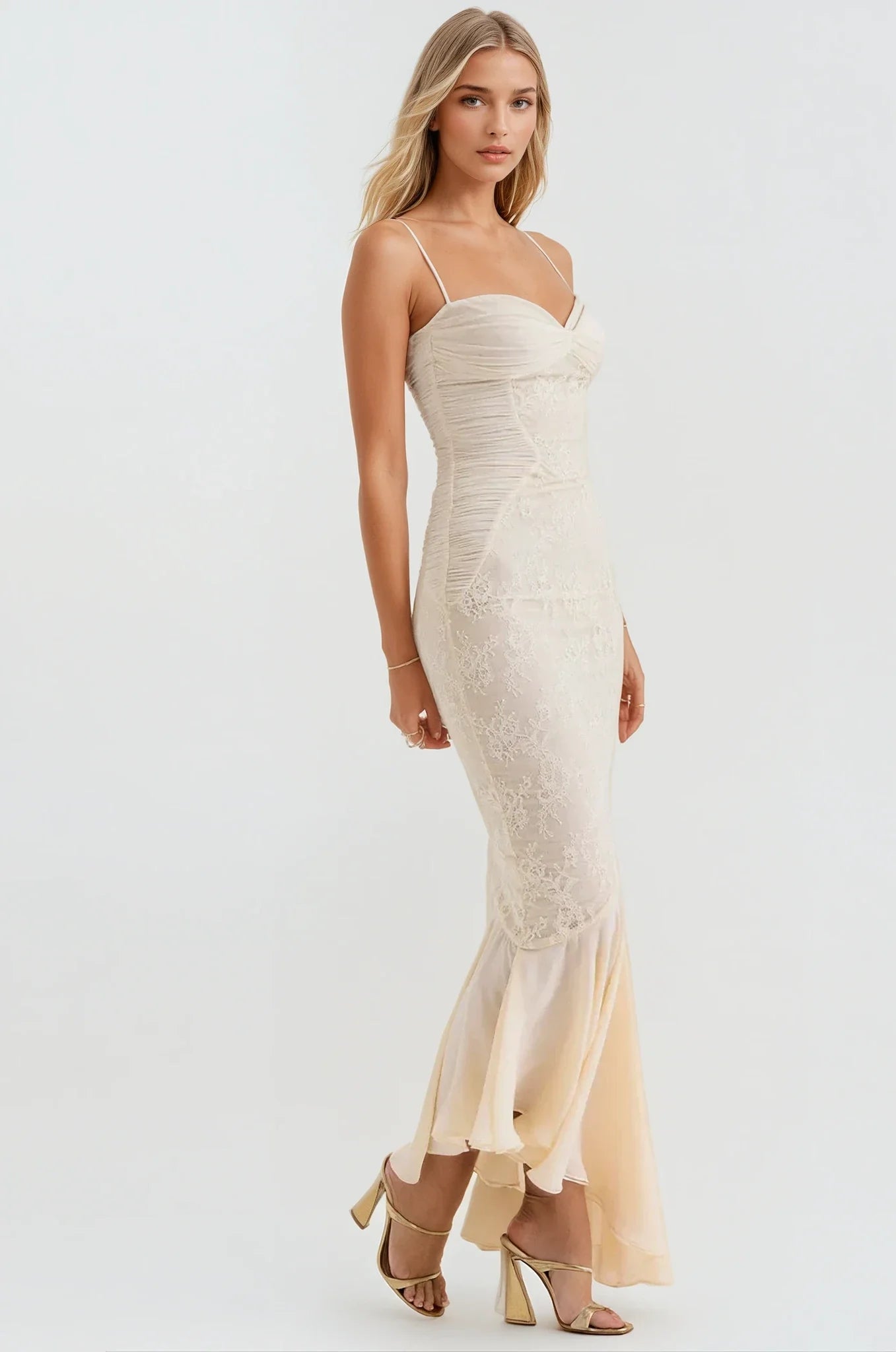 Celeste Ruched Lace Panel Maxi Dress