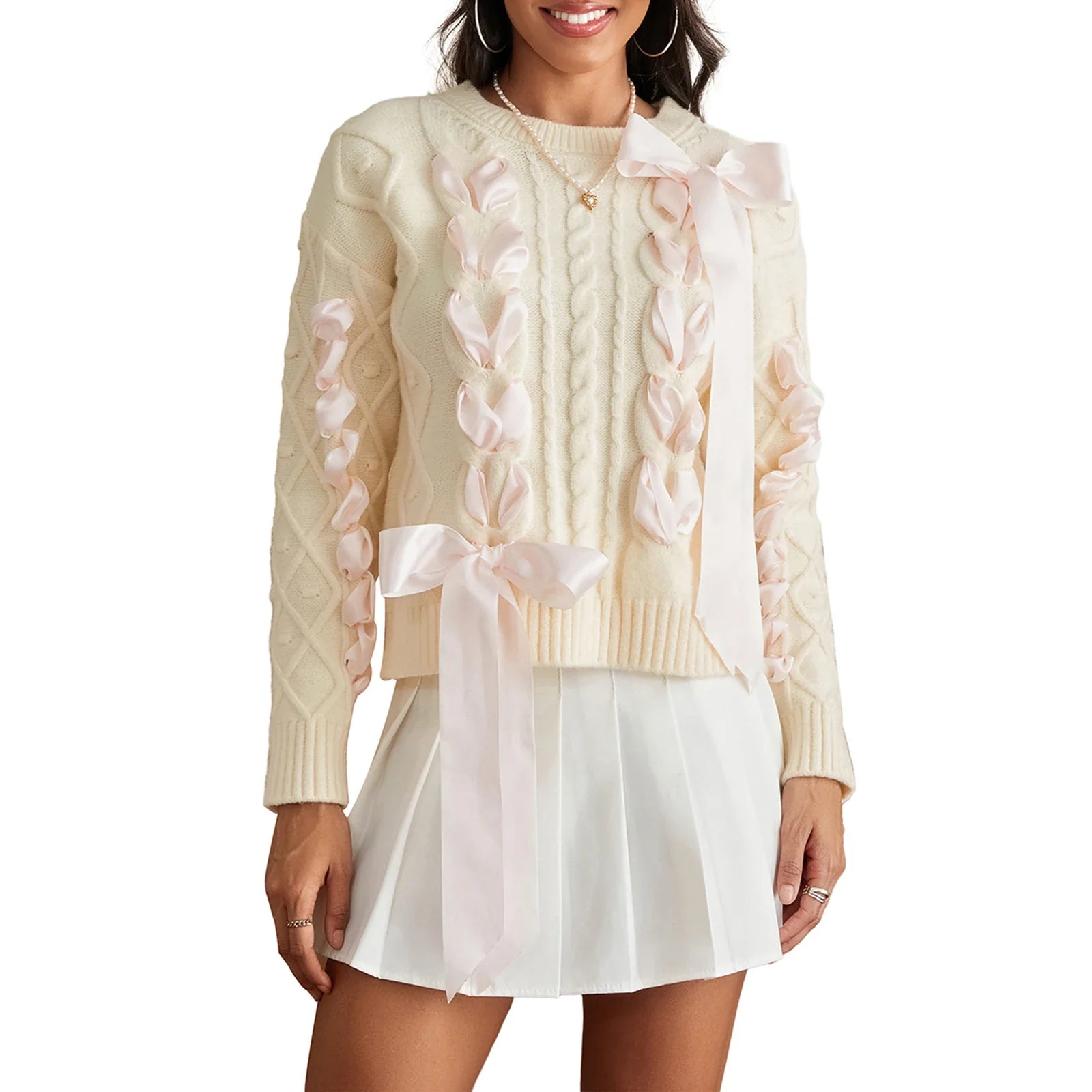Arabella Cable Knit Sweater with Ribbon