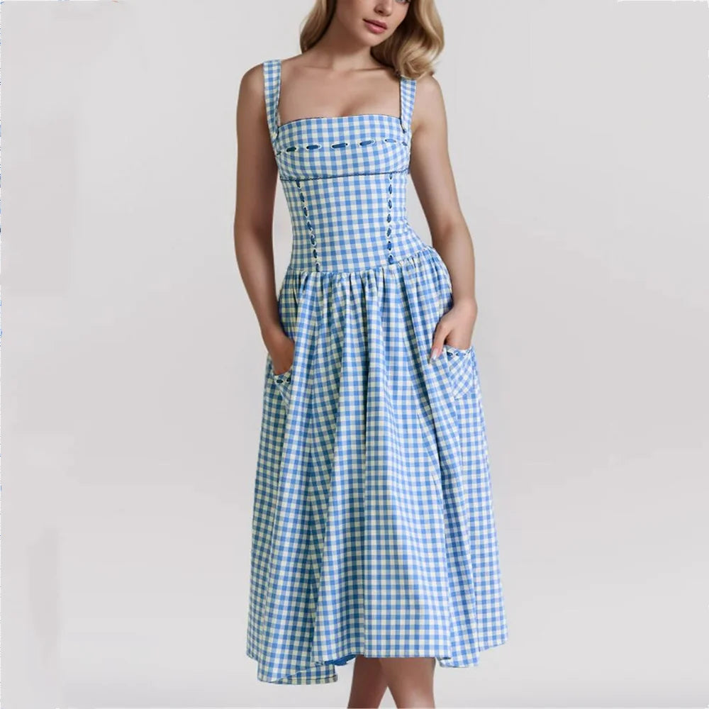 Charming Gingham Midi Dress with Pockets